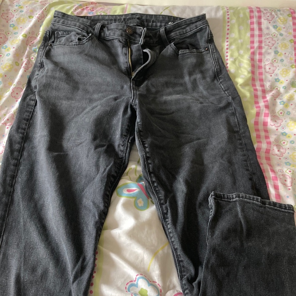 black “american eagle” high-waisted stretch straight leg jeans